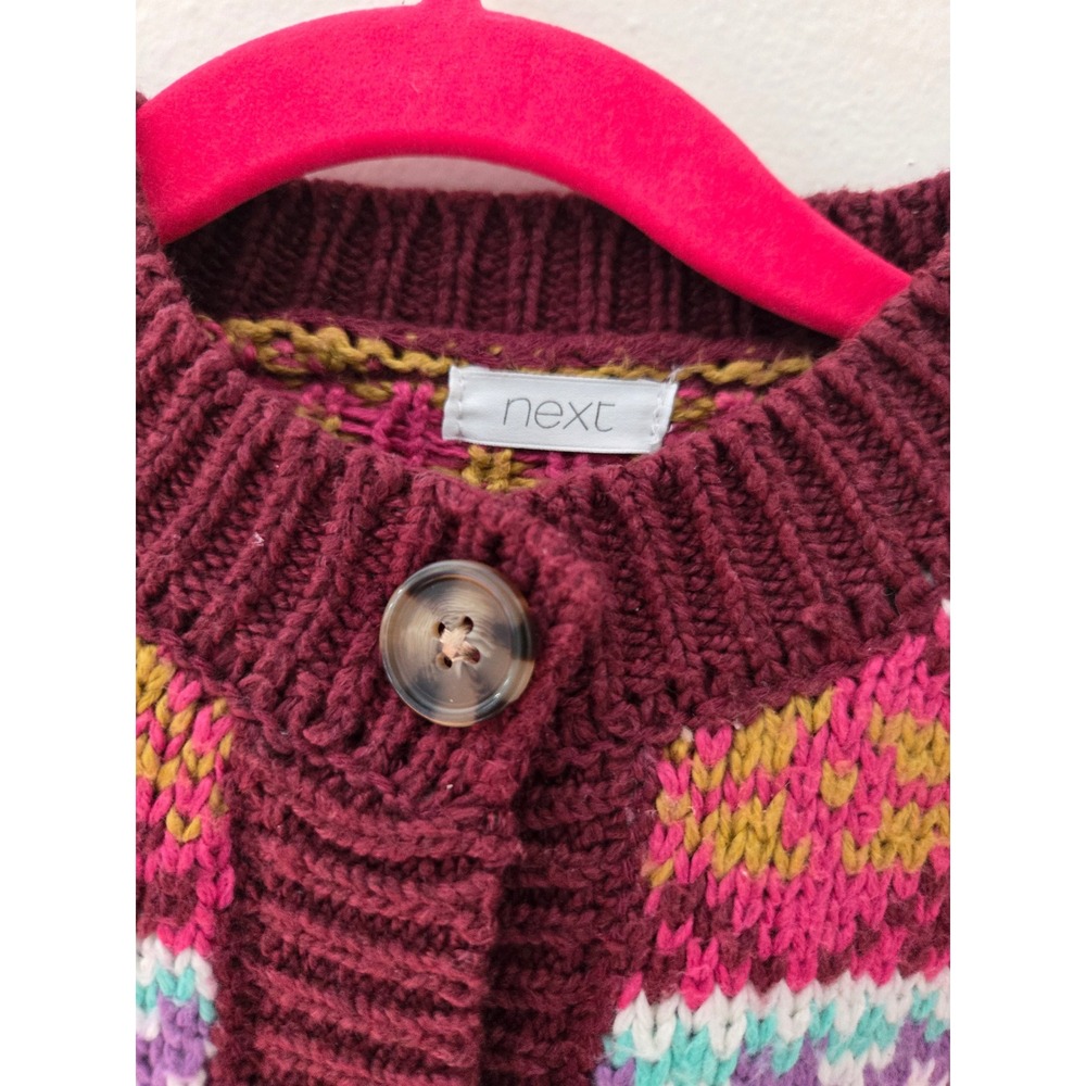 Next Kids Fair Isle Bobble Knit Cardigan Burgundy Pink Button Front Sweater - Picture 5 of 5